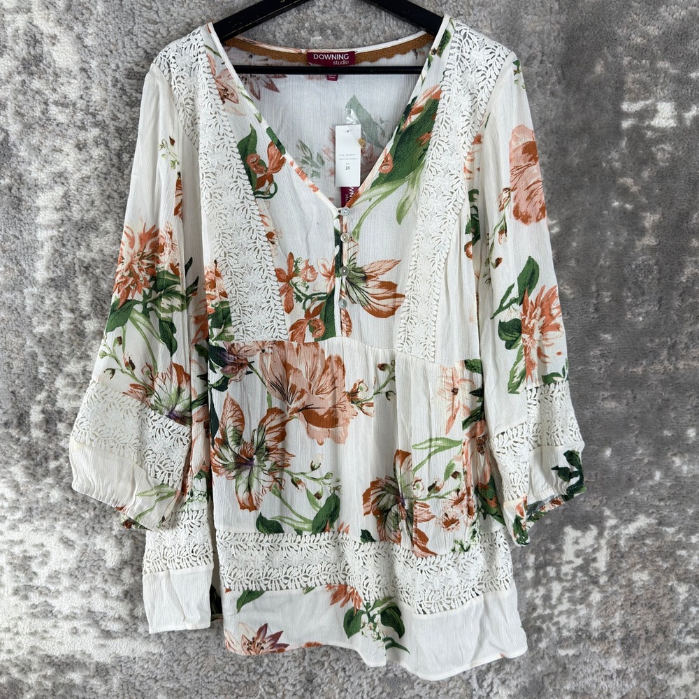 New Downing Studio Size 2X Floral Lace Boho Peasant Top Oatmeal 3/4 Sleeve Women